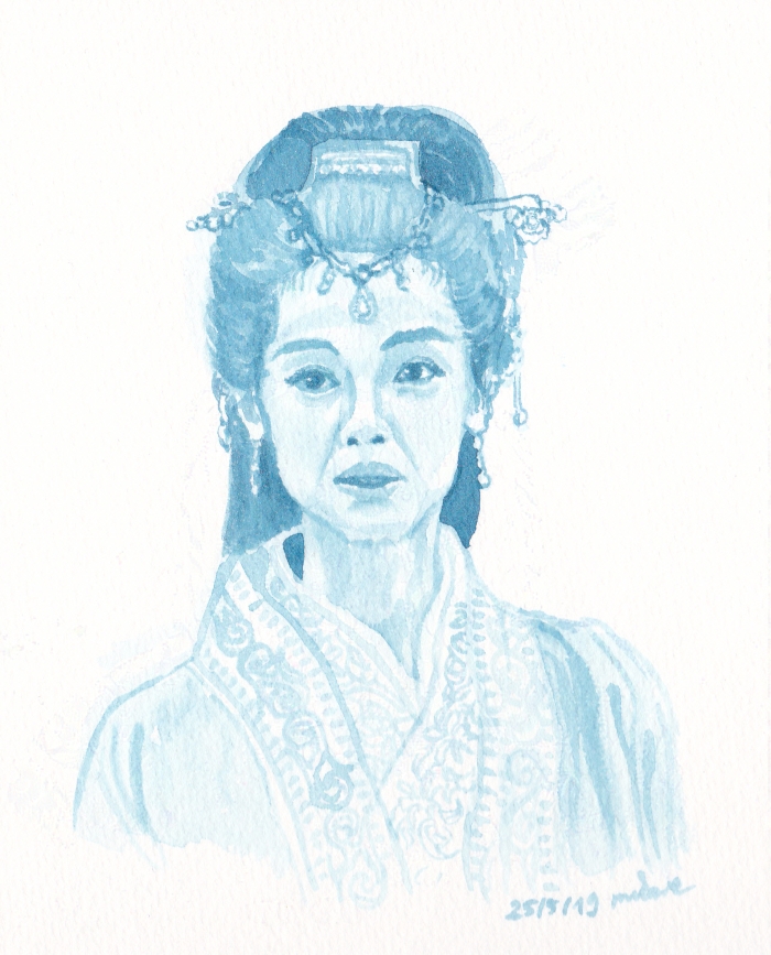 blue watercolour portrait of a woman